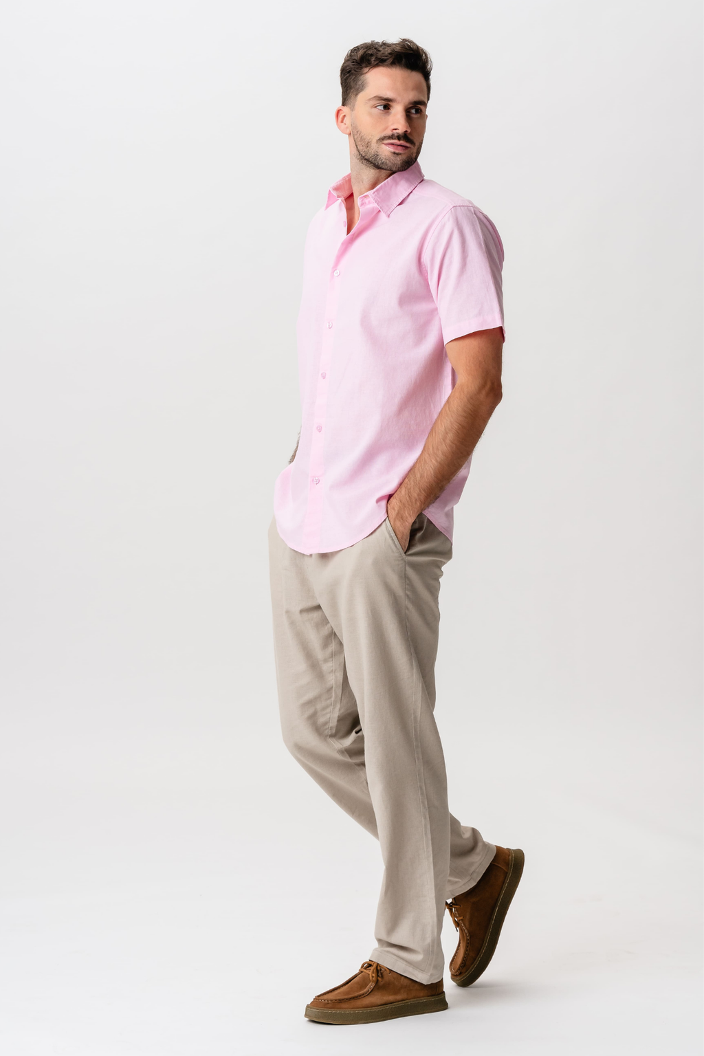 Short Sleeve Linen Shirt - Light Red