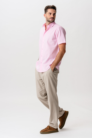 Short Sleeve Linen Shirt - Light Red