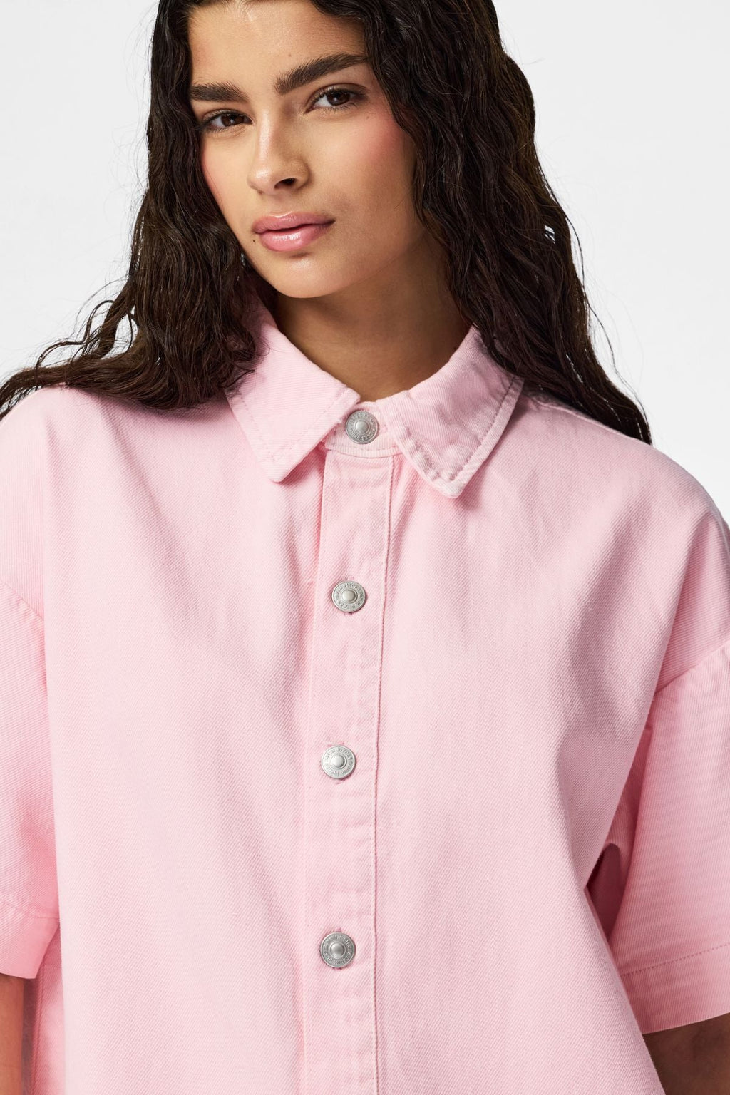 Hemelse denimjurk in A-vorm - Roze lepelaar