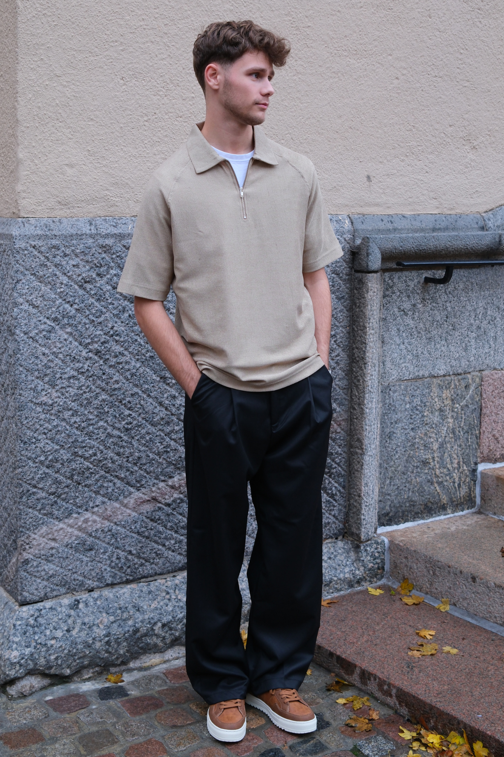 Enzo korte mouw halve zip - kaki