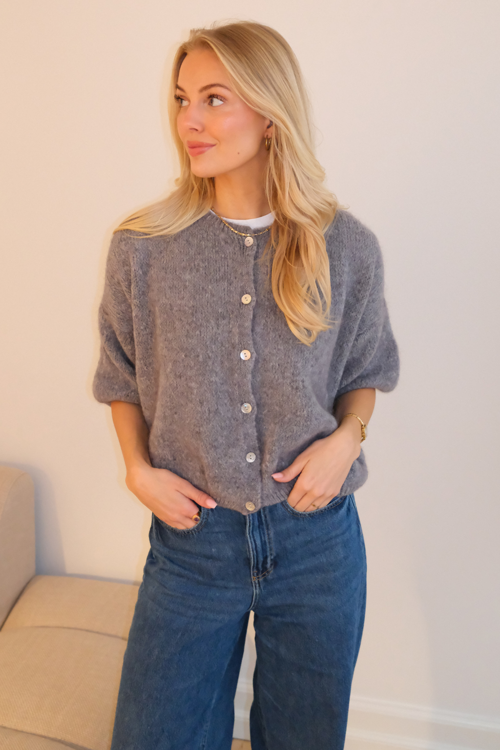 Mary gebreide trui met korte mouwen - grijs