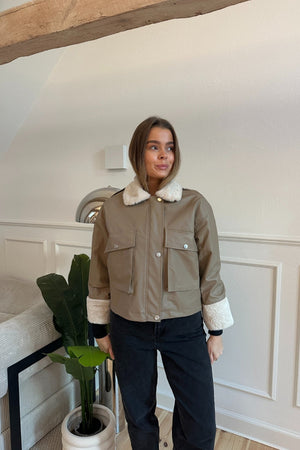 Faux Leather Shearling Jacket - Beige