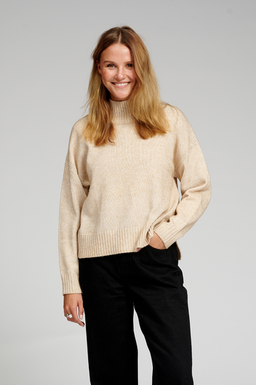 Oversized Knitted Polo-Neck Jumper - Beige