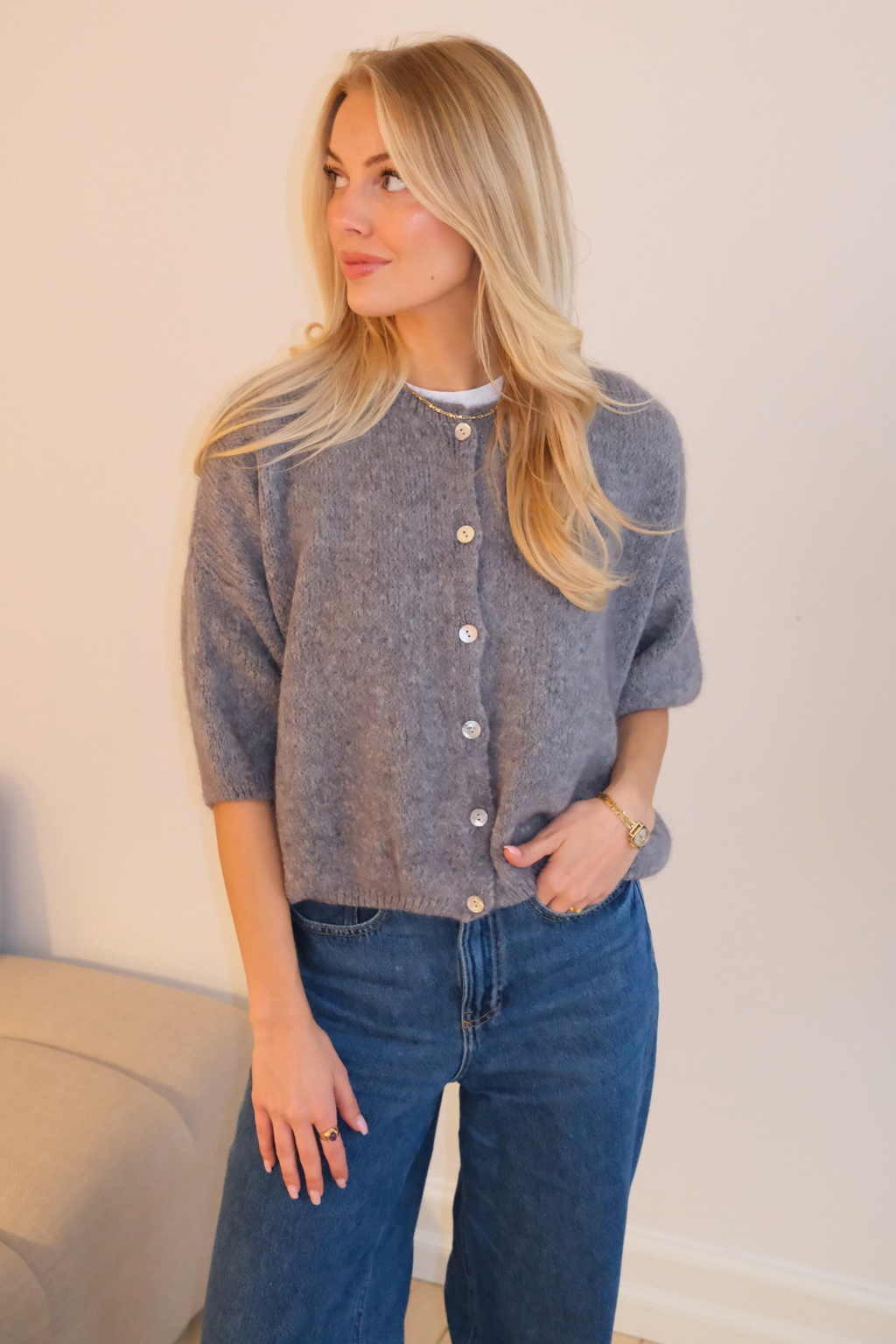 Mary gebreide trui met korte mouwen - grijs