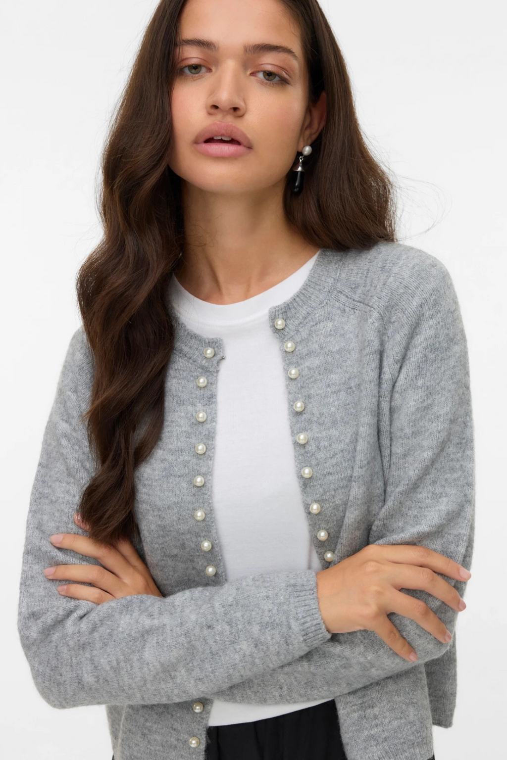 Magalène O-Neck Pearl Cardigan - Melange gris moyen