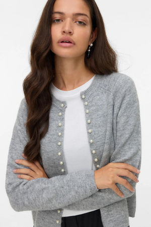 Magalène O-Neck Pearl Cardigan - Melange gris moyen