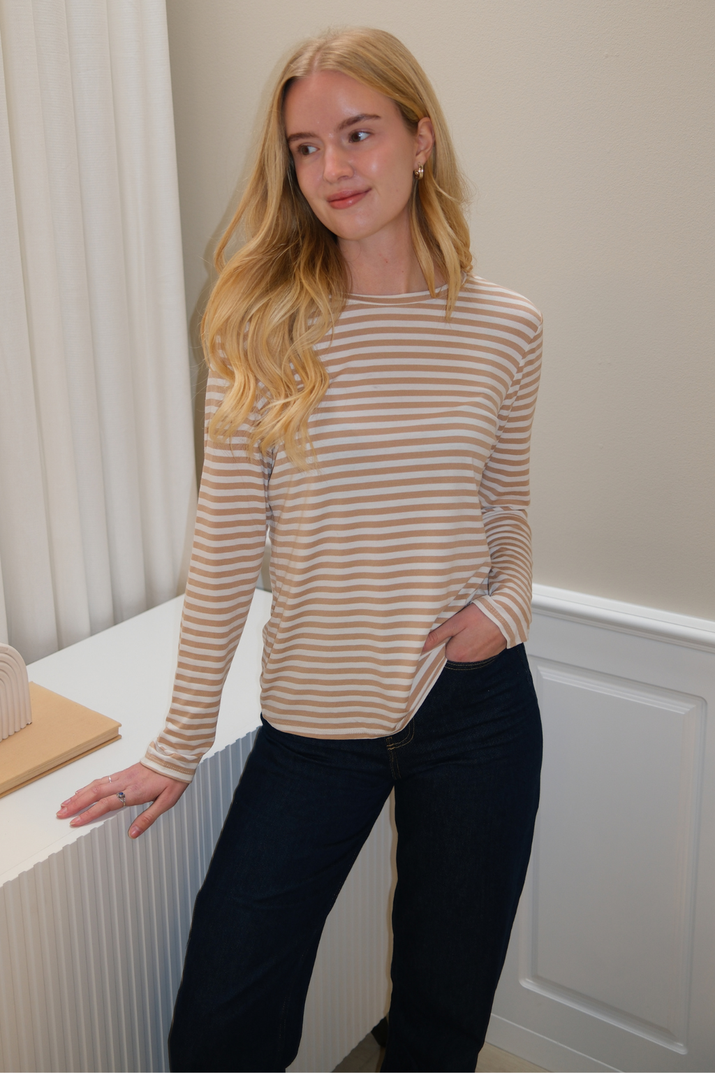 Gestreepte lange mouw Slim Fit - Beige