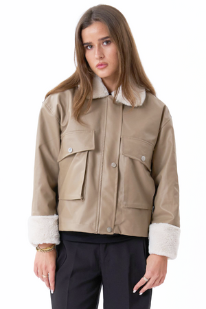 Faux lederen shearling jas - beige