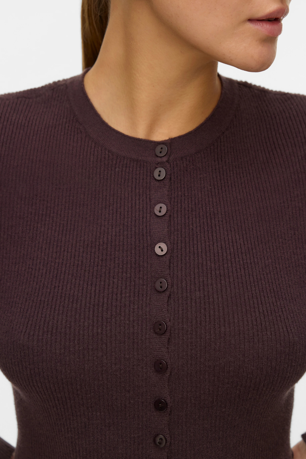 Ukino O-Neck Knit Cardigan - Chocolate Plum