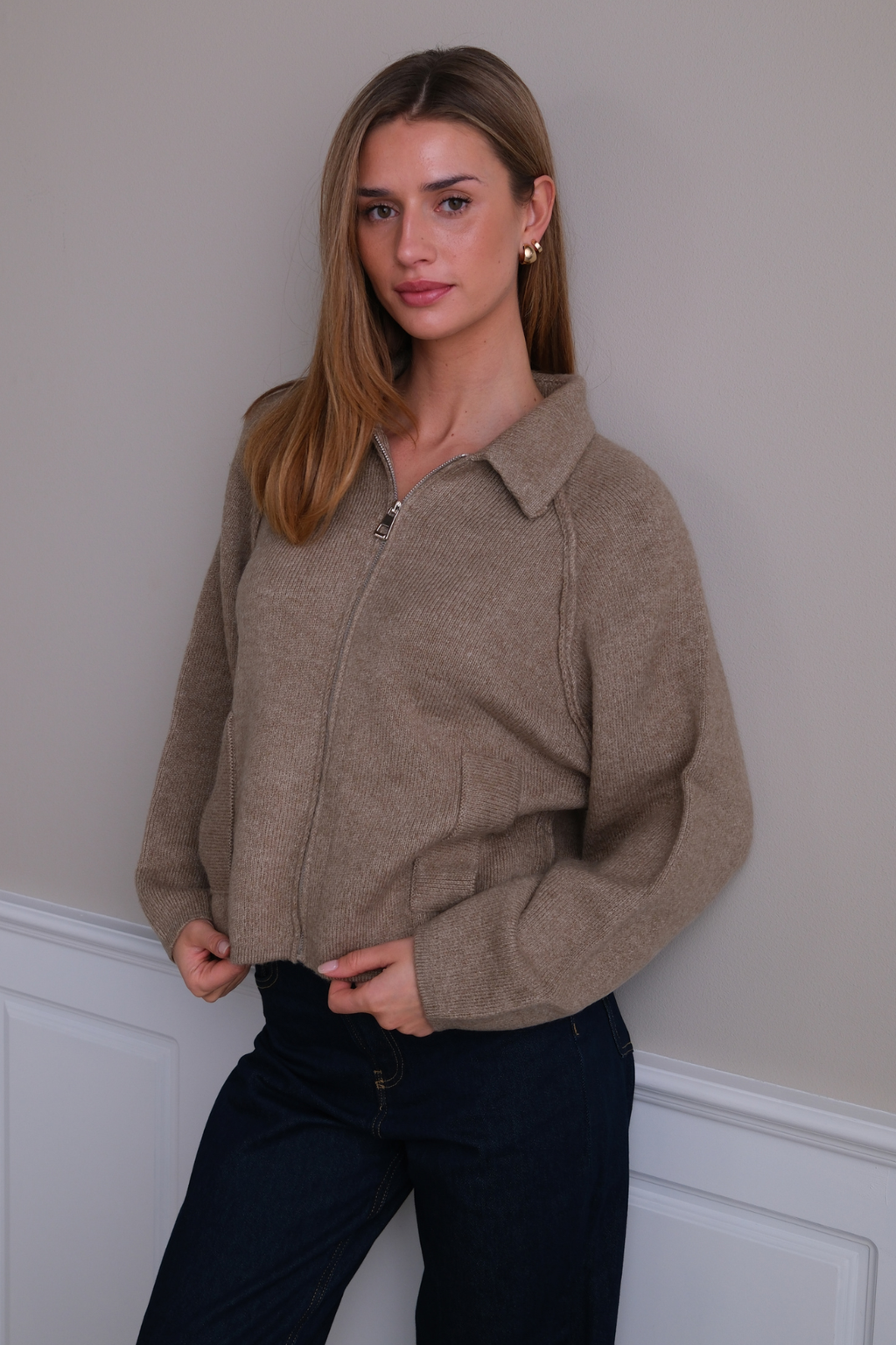 Fermeture éclair en tricot Selma - Beige