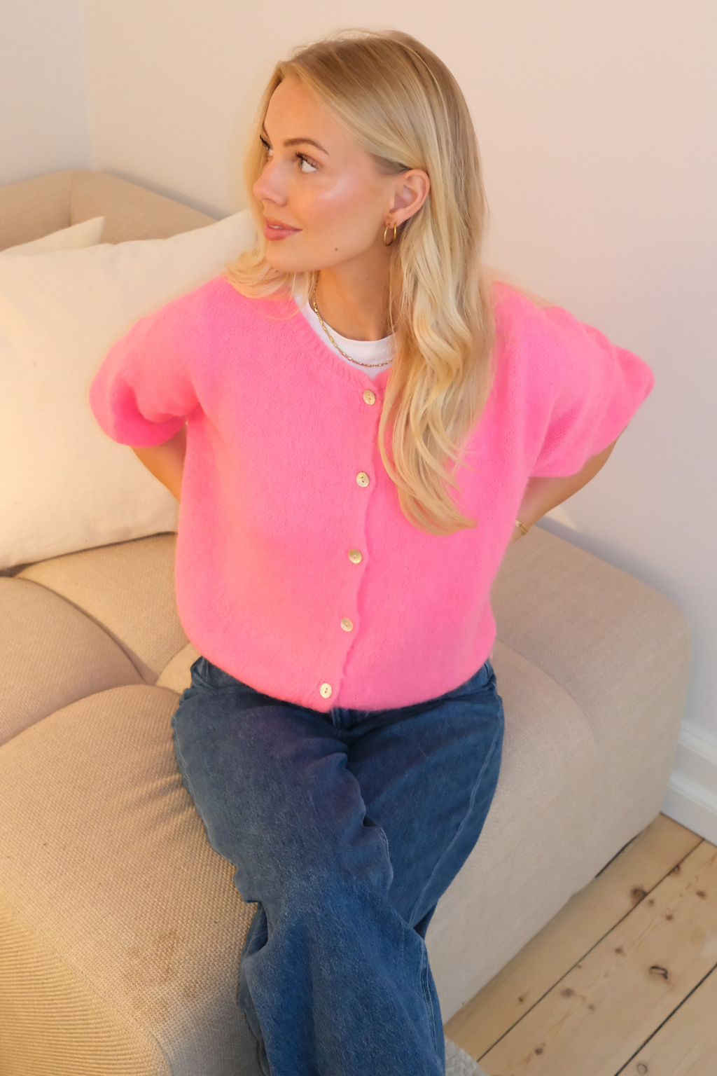 Mary gebreide trui met korte mouwen - babyroze