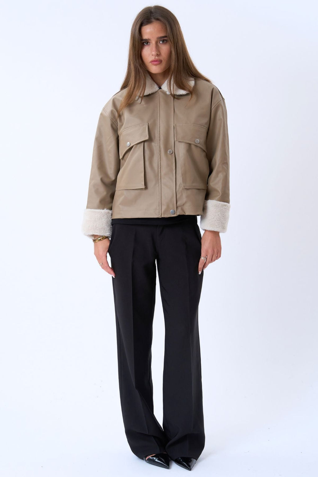 Faux Leather Shearling Jacket - Beige