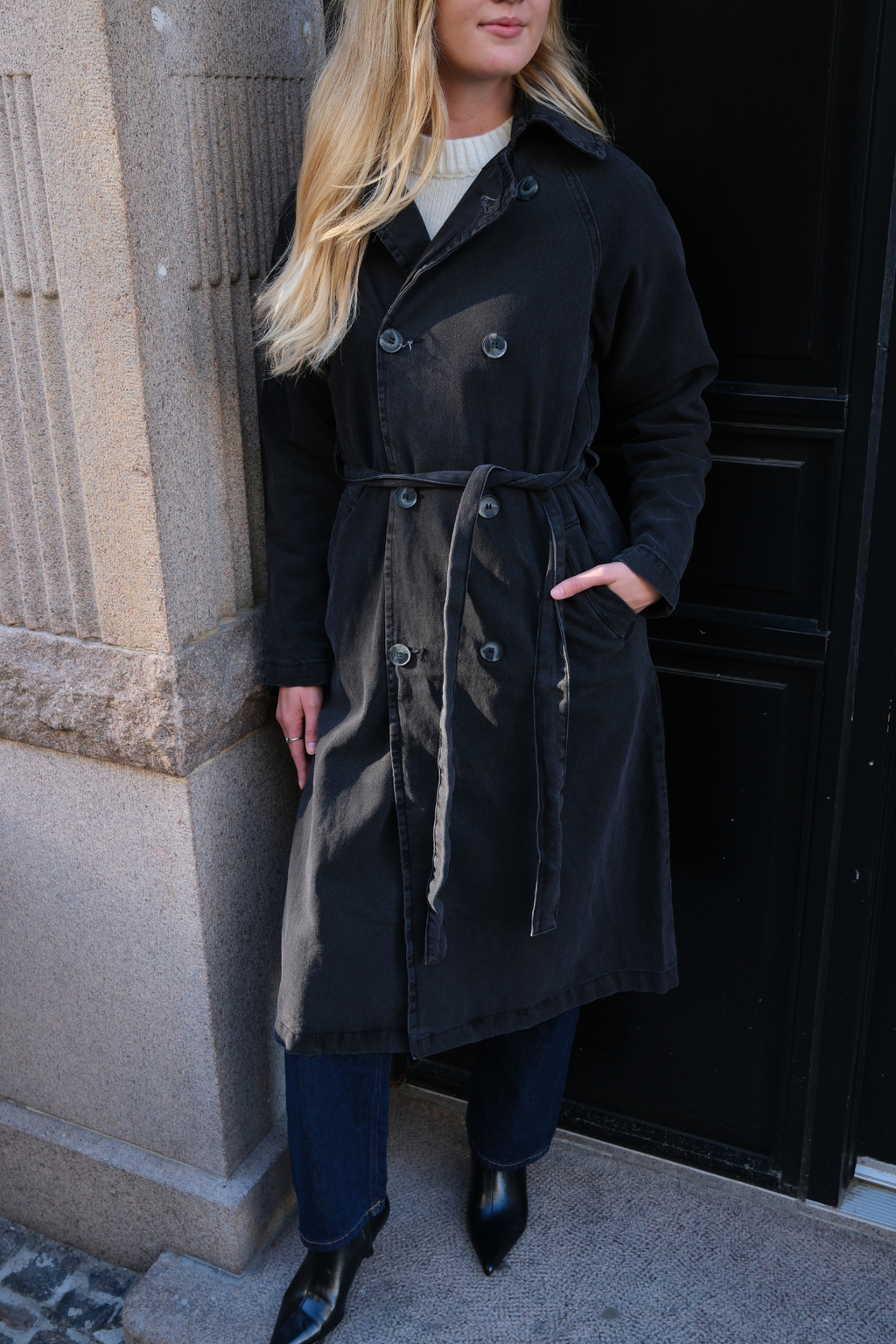 Denim trenchcoat - antraciet
