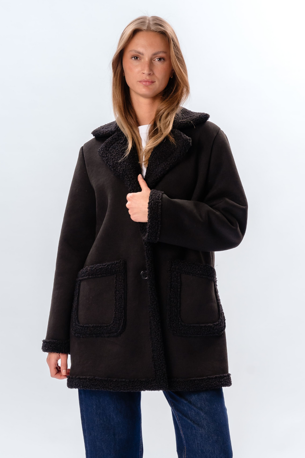 Shearling Mantel - Zwart