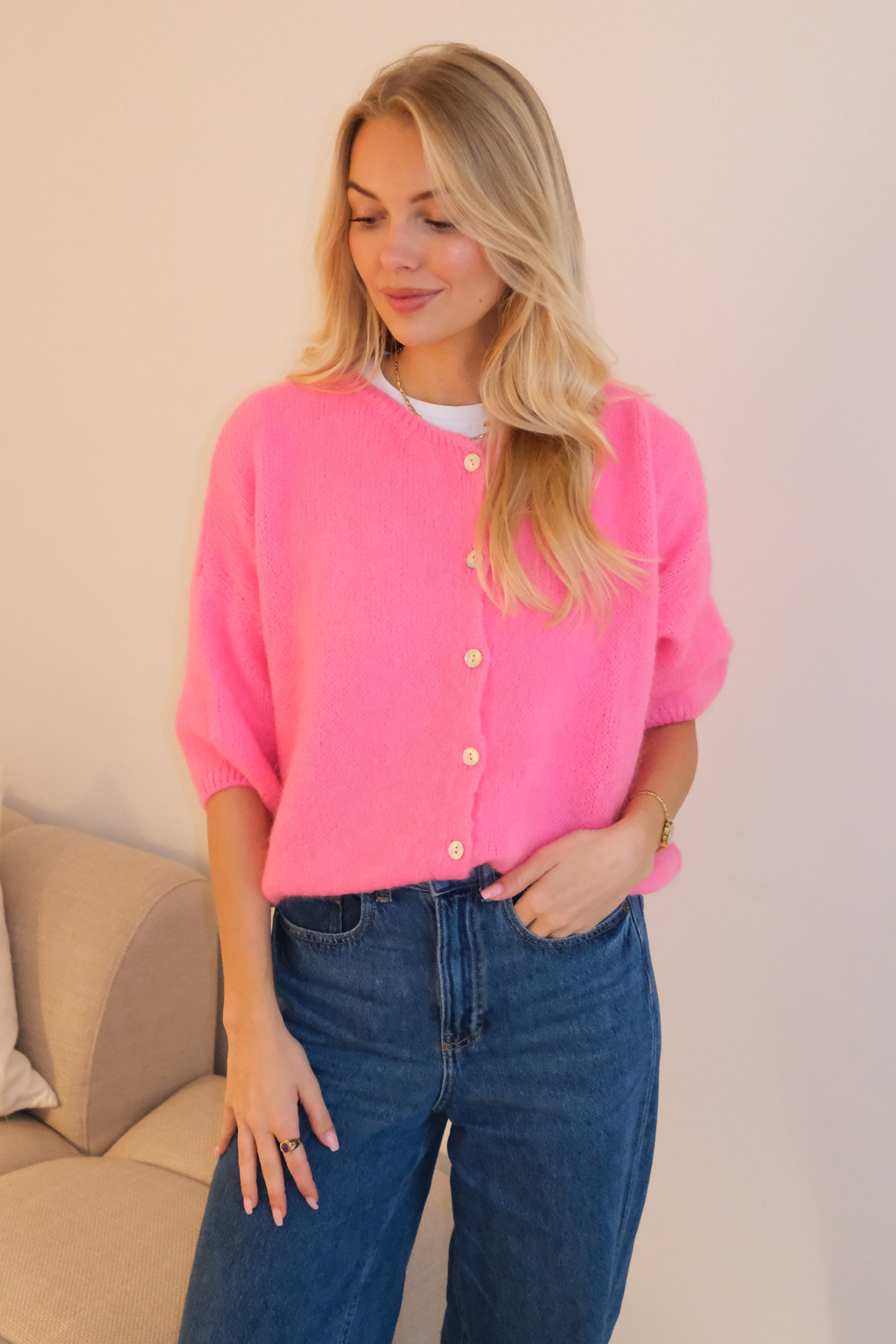 Mary gebreide trui met korte mouwen - babyroze