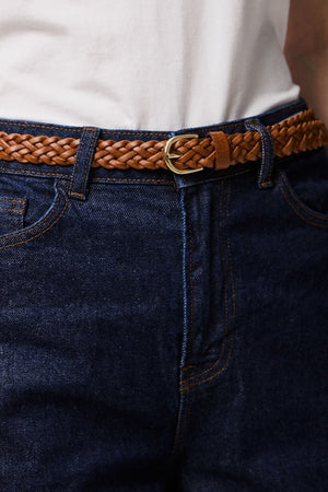 Avery Leather Braided Slim Belt -  Cognac