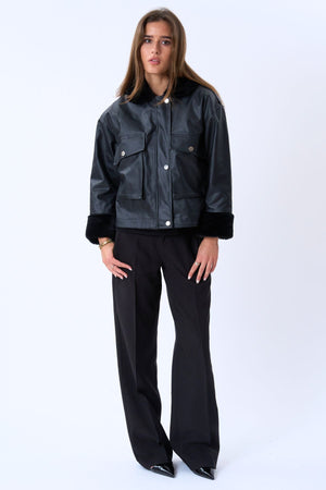 Faux Leather Shearling Jacket - Black
