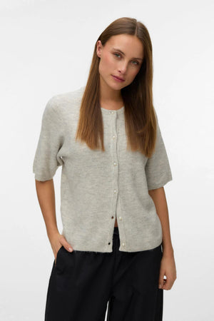 Cardigan Perlé Lefile Col O-Cou 2/4 - Gris Clair Mélange