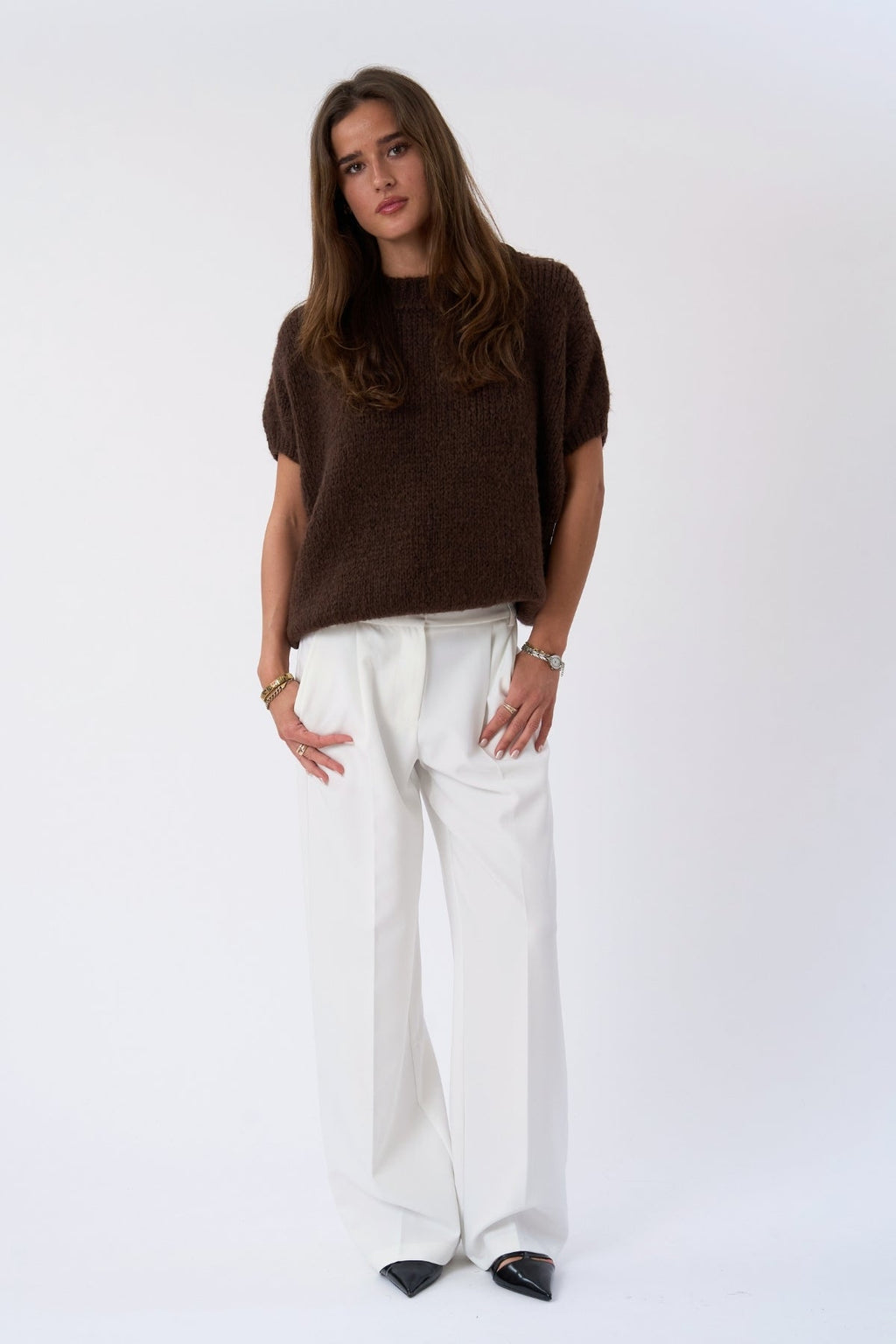 Chloe gebreide trui met korte mouwen - chocolade