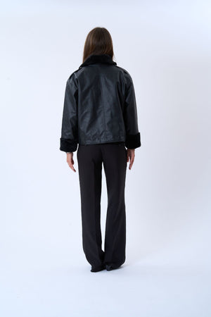 Faux Leather Shearling Jacket - Black