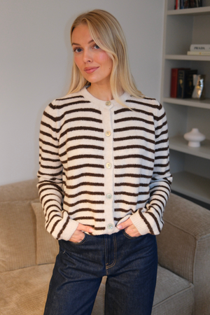 Crizette Striped Knit Cardigan - Off White/Brown