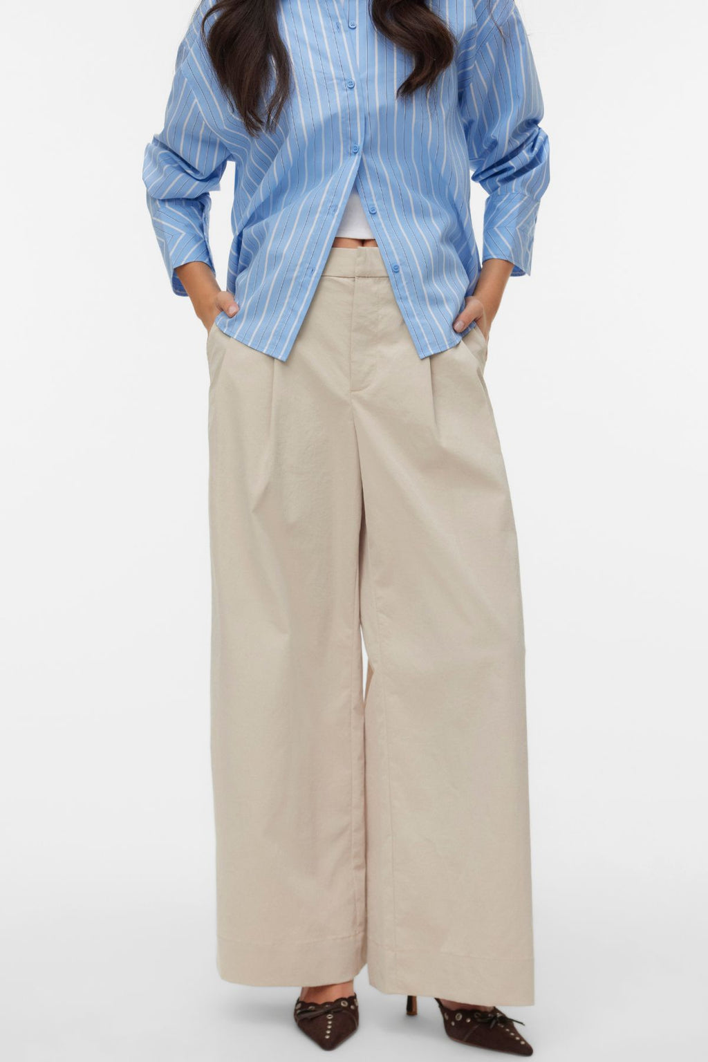 Meng MidWaist Gekreukte Wijde Broek - Cement
