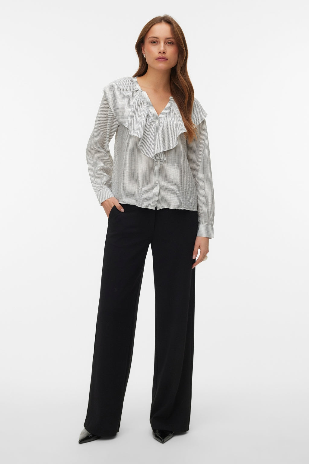 Kaja V-Neck Frill Shirt -  Snow White Amanda Black