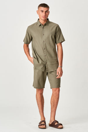 Linnen set shirt met korte mouwen + linnen Shorts - Leger (pakketdeal)