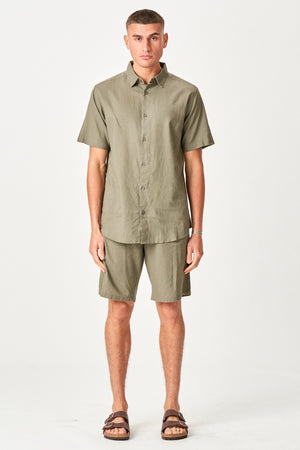 Linnen set shirt met korte mouwen + linnen Shorts - Leger (pakketdeal)