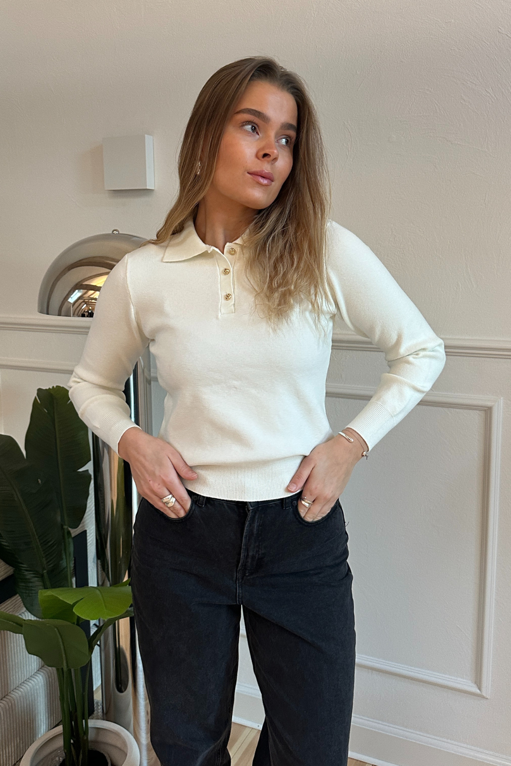 Long-sleeved Polo Shirt - Ecru