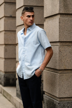 Chemise en lin à manches courtes - bleu clair