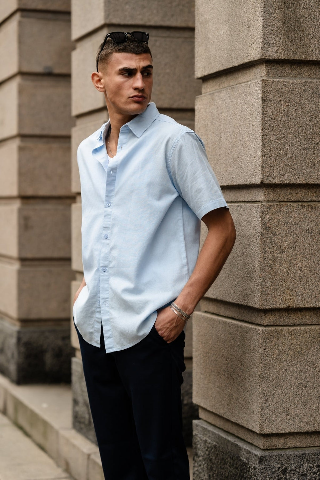 Short Sleeve Linen Shirt - Light Blue
