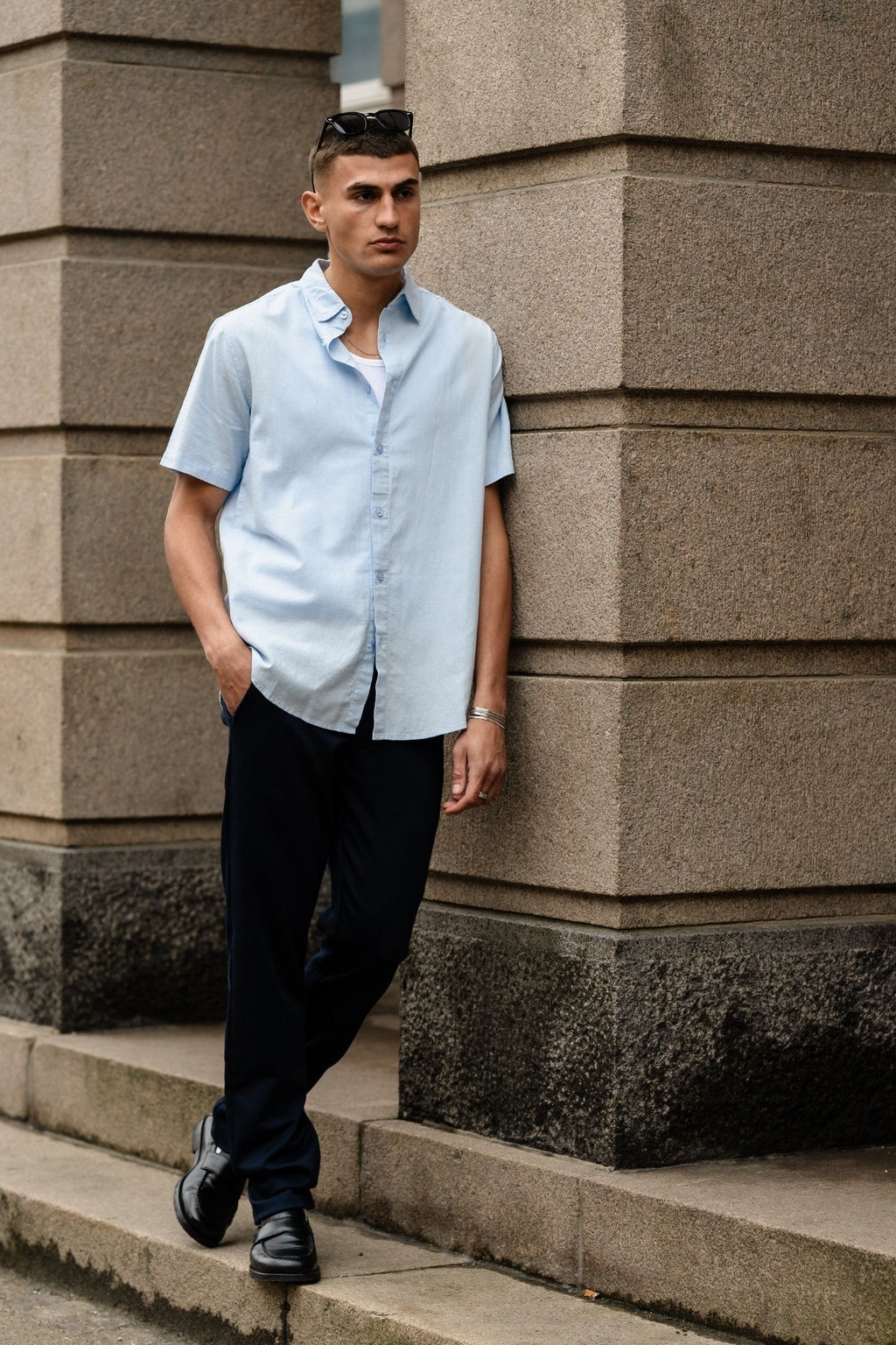 Chemise en lin à manches courtes - bleu clair