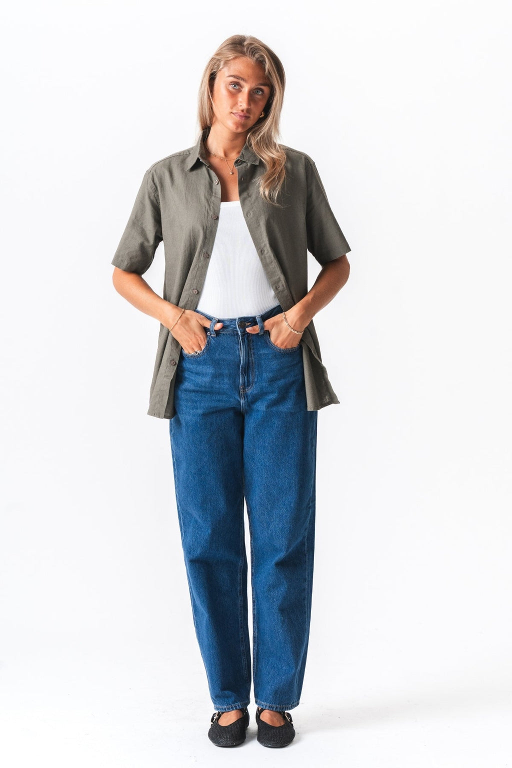 Korte mouw linnen shirt - leger