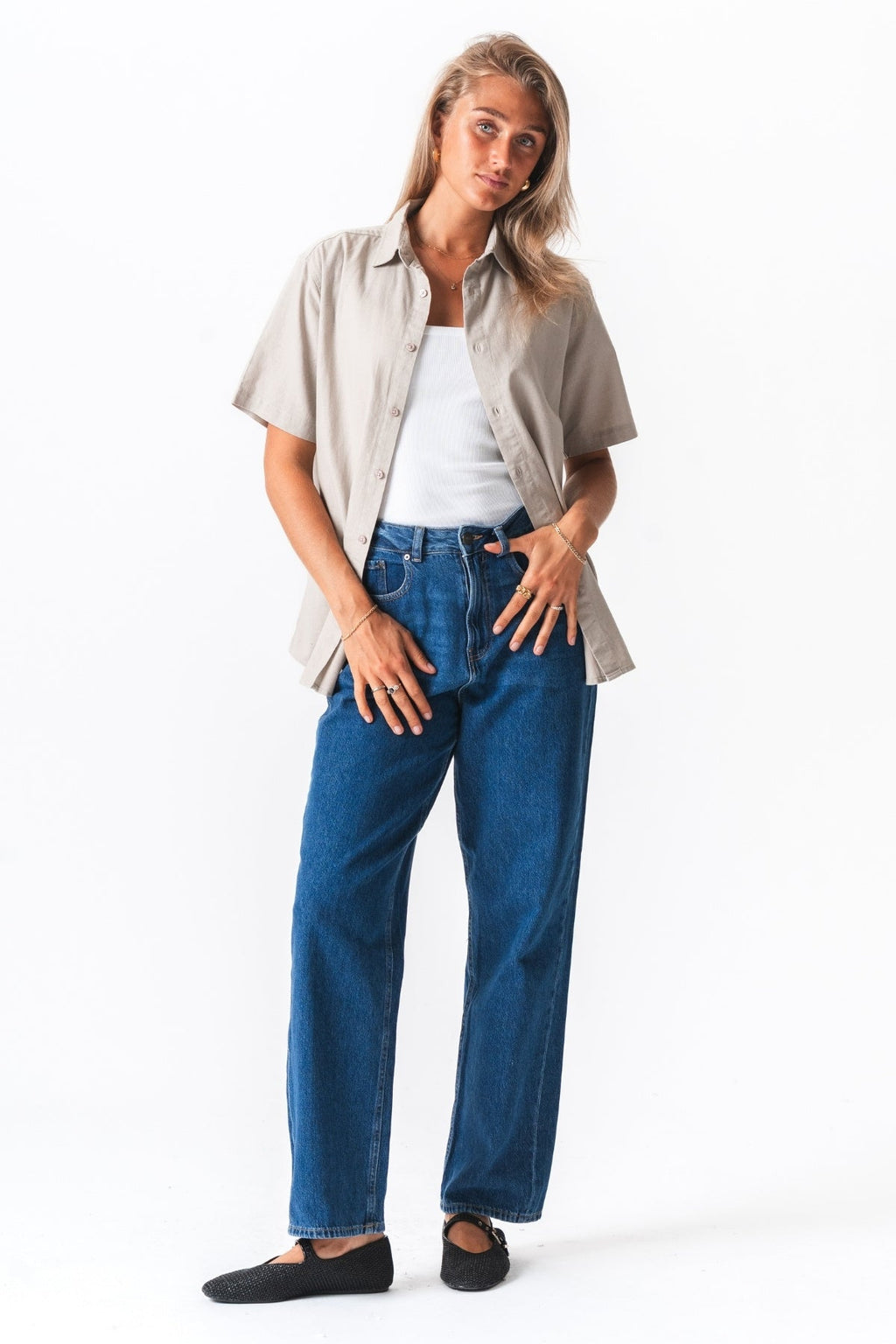 Korte mouw linnen shirt - zand