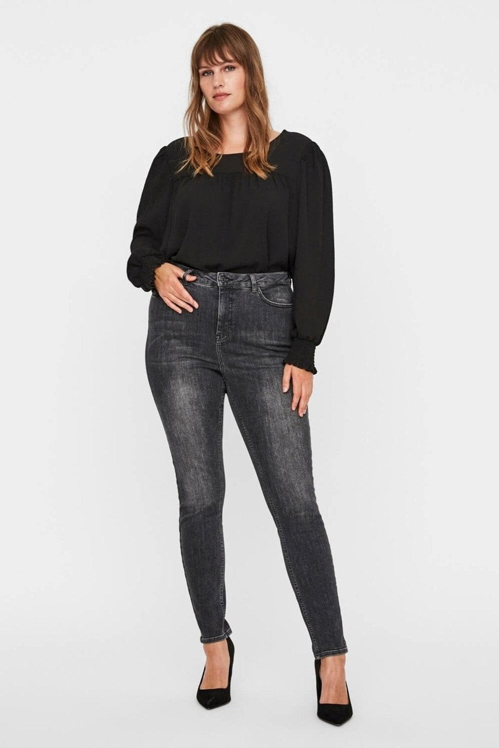 Lora Jeans High-Waisted (courbe) - Denim de gris noir