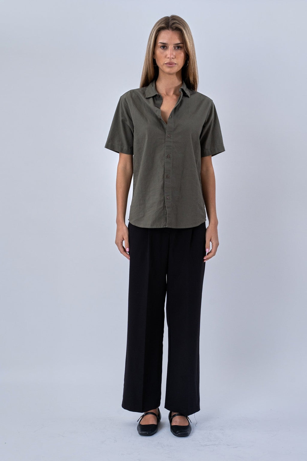 Korte mouw linnen shirt - leger