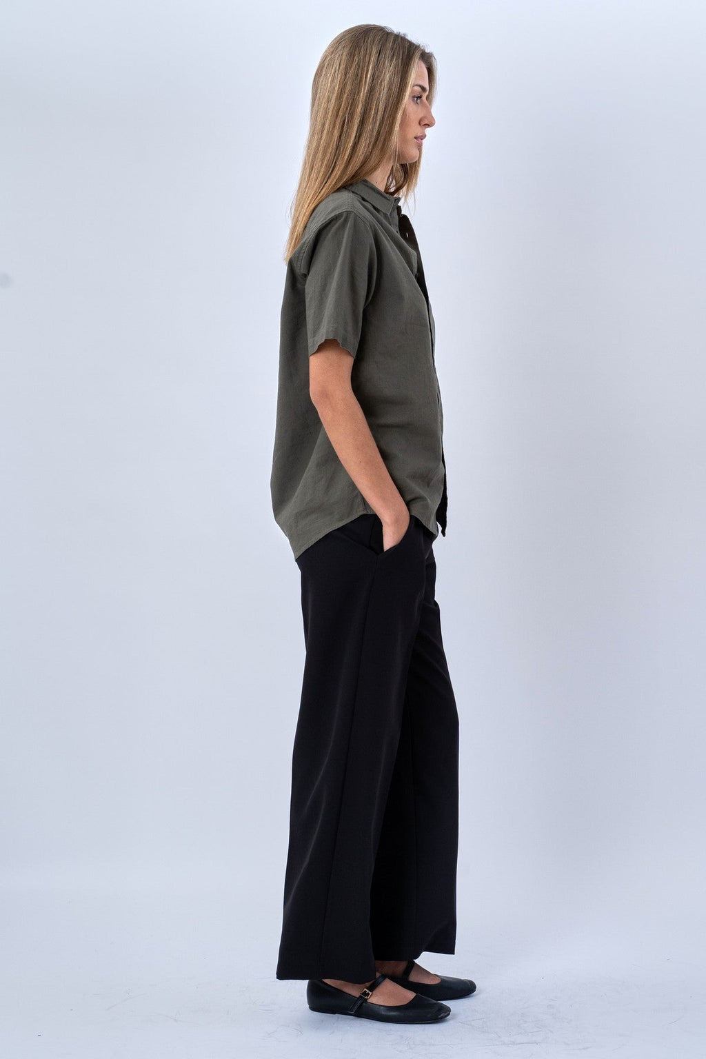 Korte mouw linnen shirt - leger