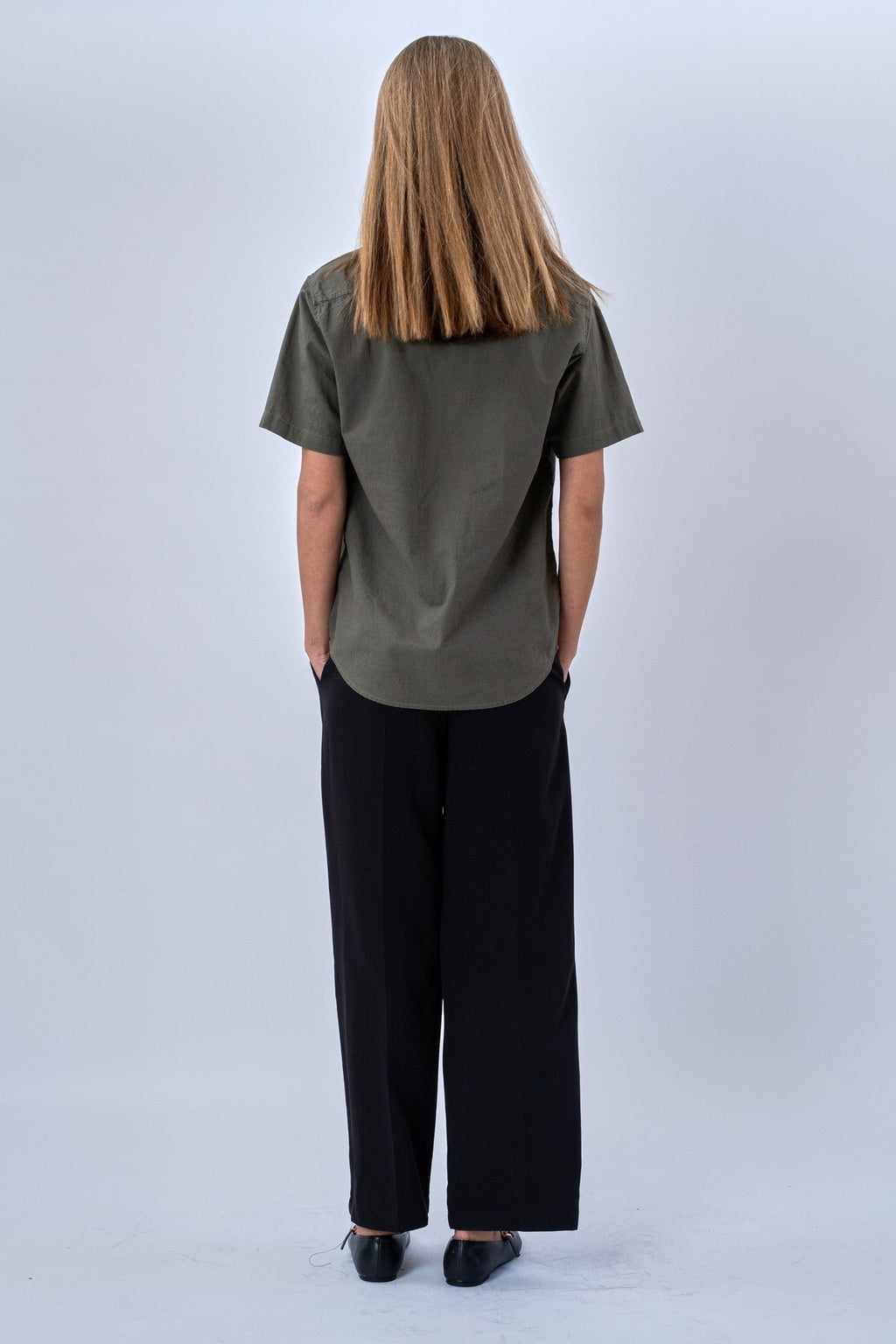 Korte mouw linnen shirt - leger