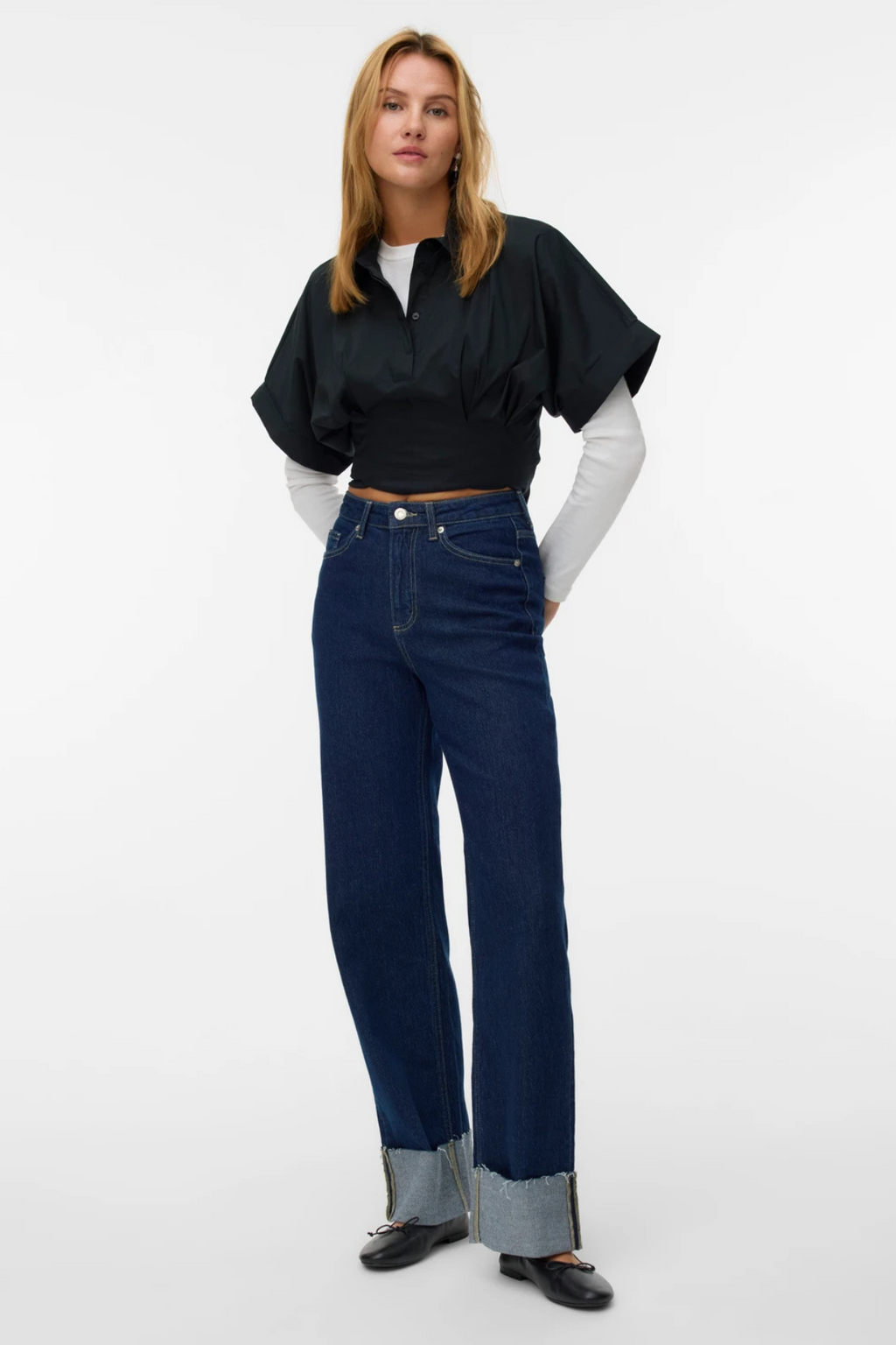 Tessa Fold Up Wide Denim Jeans - Dark Blue Denim