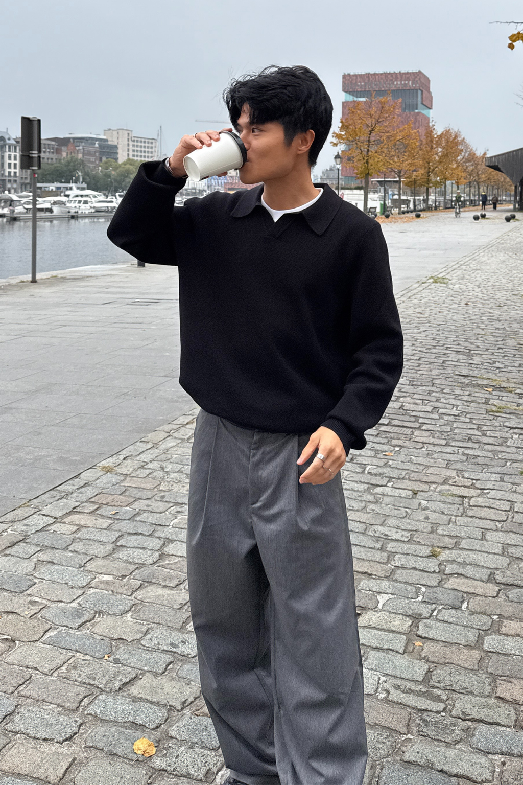 Knitted Long Sleeve Polo - Black