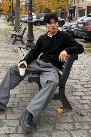 Knitted Long Sleeve Polo - Black