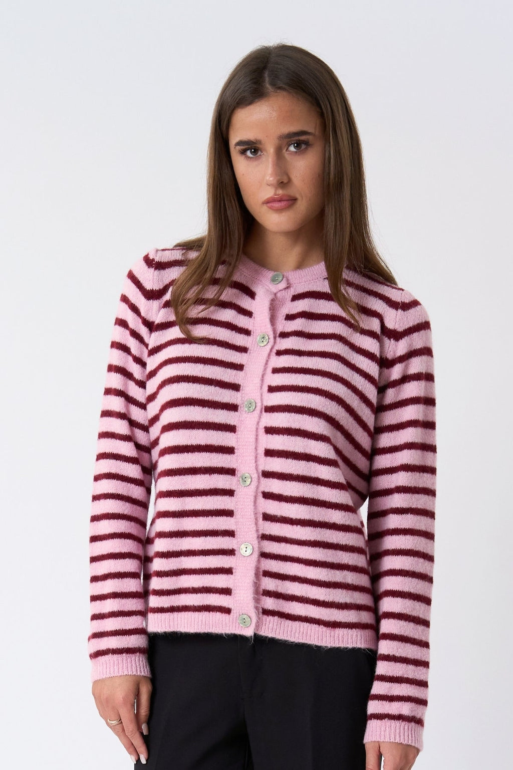 Cardigan en tricot rayé Cizette - Rose/Bourgogne
