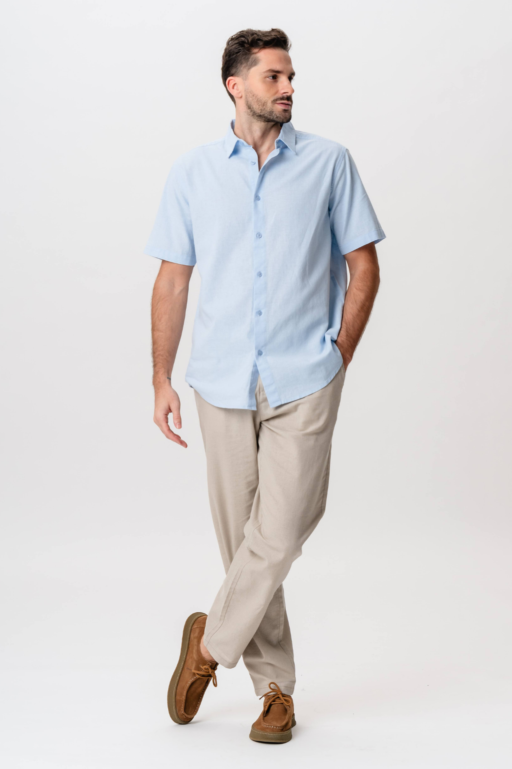Chemise en lin à manches courtes - bleu clair