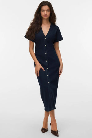 Robe à col en V Sanni - Denim bleu foncé