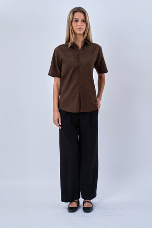 Short Sleeve Linen Shirt - Brown