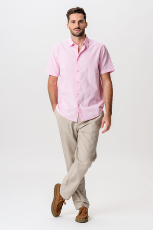 Short Sleeve Linen Shirt - Light Red