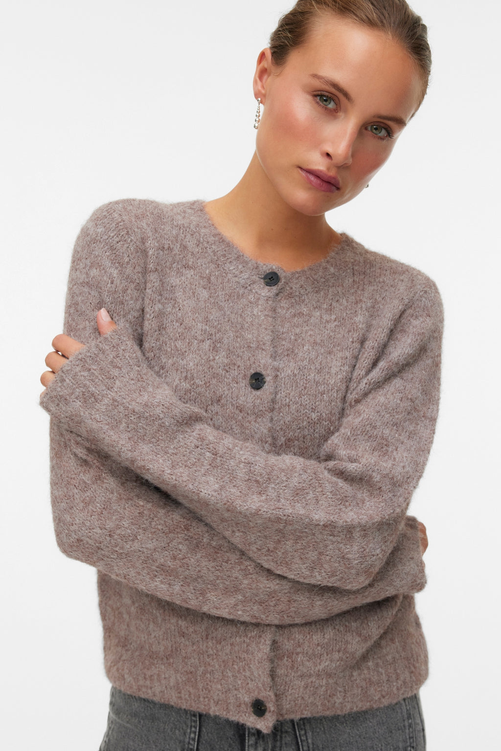 Novah O-hals Knoop Cardi - Bruine Linzen Melange