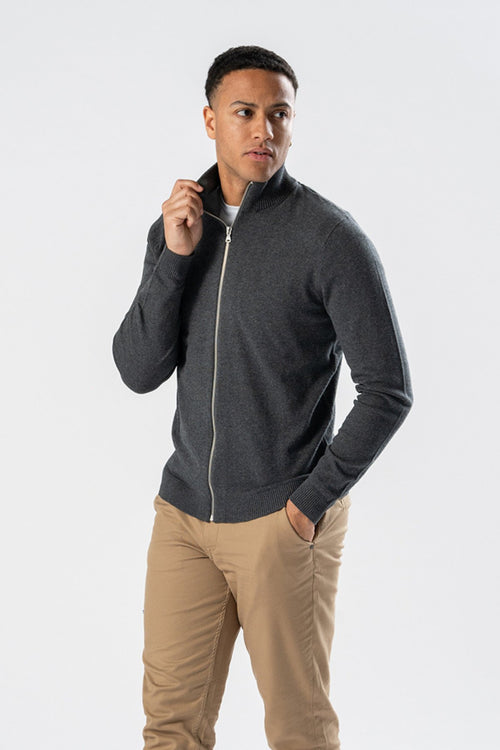 Pullover Zip Cardigan - Charcoal Melange - TeeShoppen Group™ - Knitwear - TeeShoppen