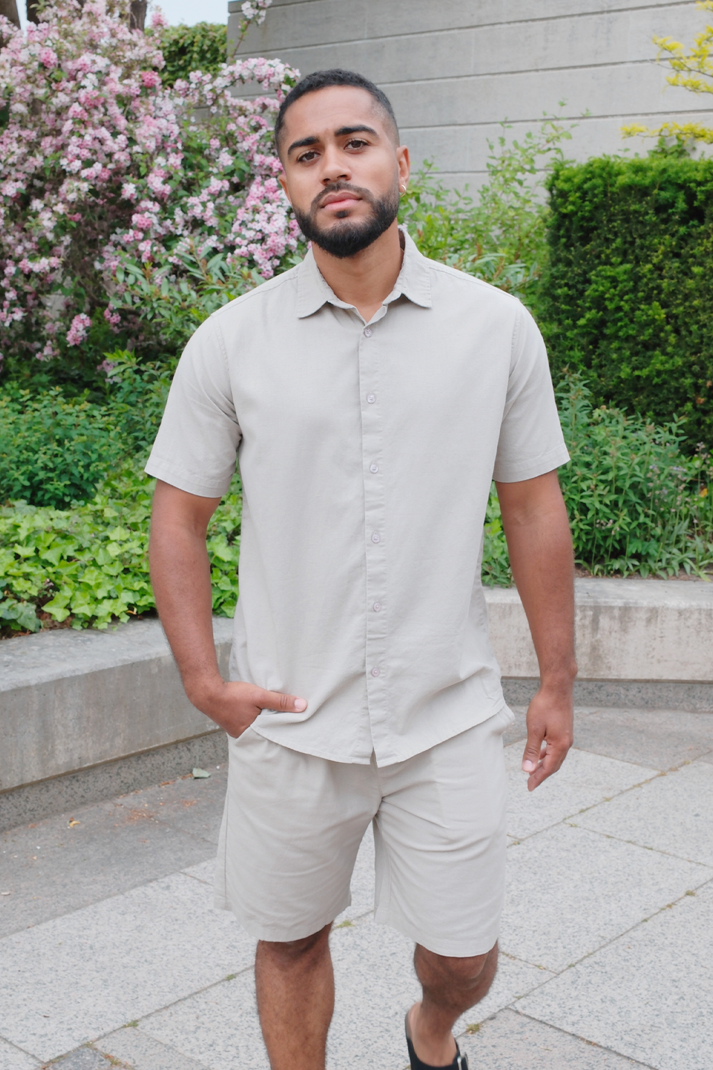 Korte mouw linnen shirt - zand
